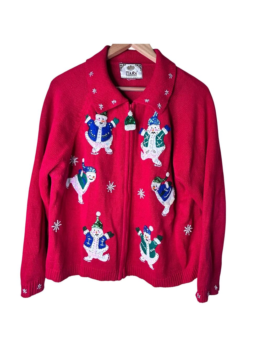 Tiara International Snowman Christmas Sweater Red Zip Front Women’s XL